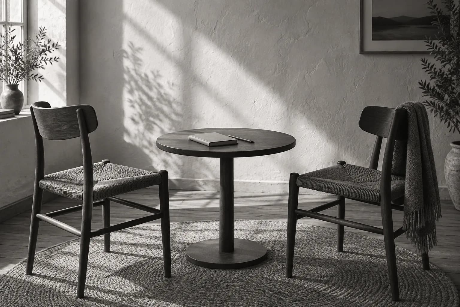 Two chairs arranged around a small table with a notebook, in an illustrative monochrome interior.