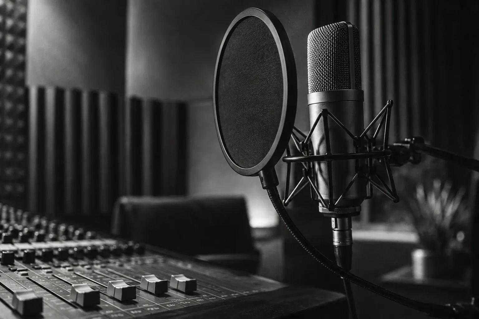 Black-and-white editorial scene of a studio microphone, pop filter and mixing console.