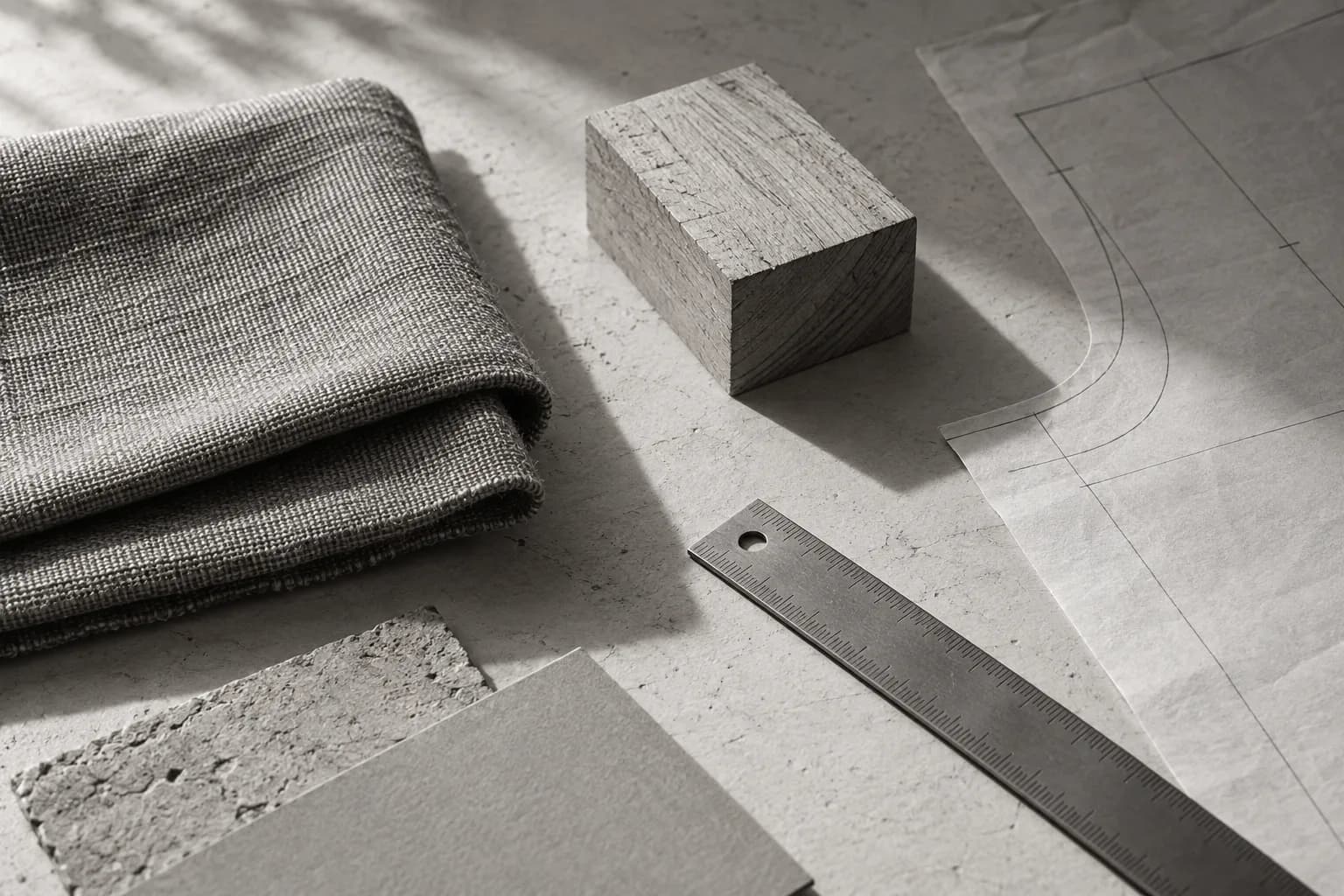 Editorial still life of material samples, a paper pattern and a ruler on a work surface.