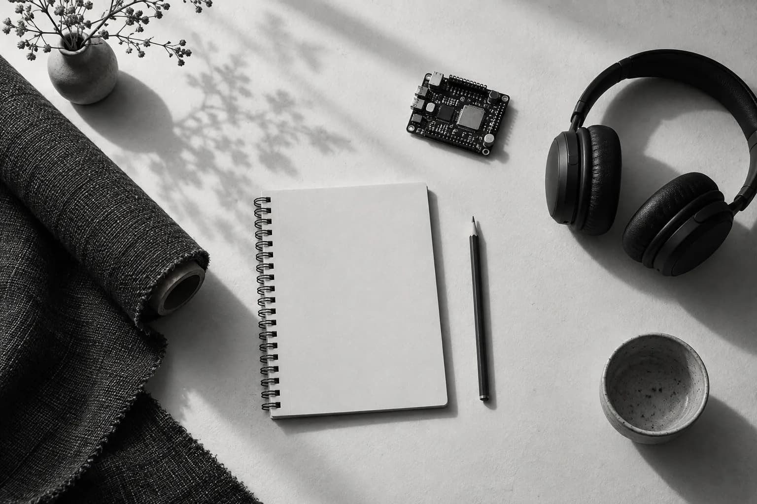 Monochrome editorial still life of tools for software, music and material design on a shared worktable.